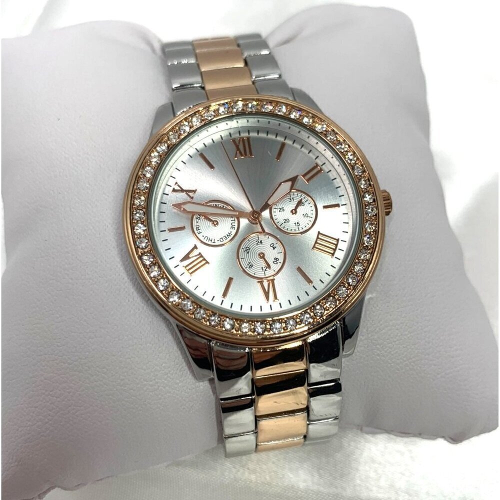 Womens FMD Quartz Analog Watch Rose Gold Silver Crystal Accents New Battery
